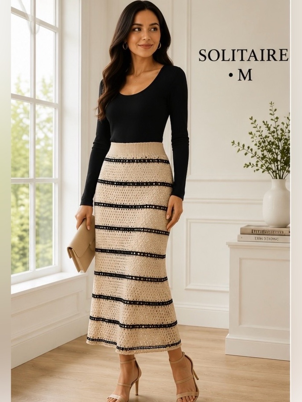Solitaire Beige and Black Striped Maxi Skirt